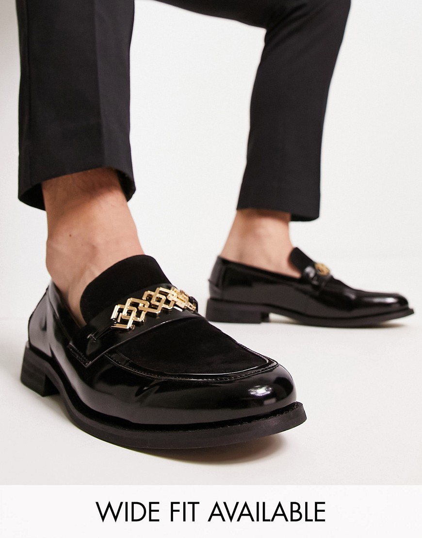 ASOS DESIGN loafers in black faux leather with contrast vamp and broach detail