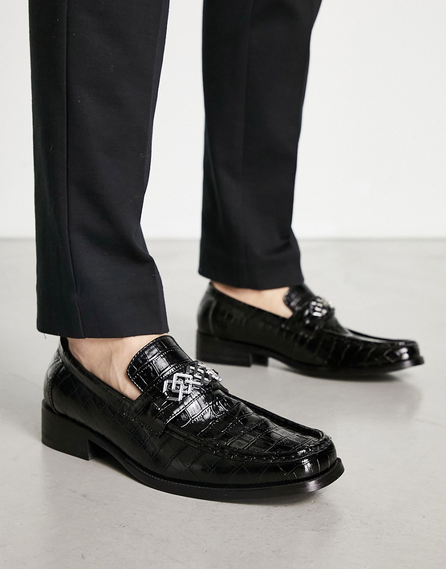 ASOS DESIGN loafers in black faux leather with croc print-Brown