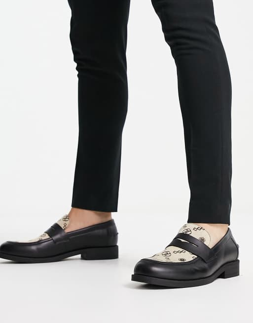 ASOS DESIGN loafers in black faux leather with monogram design | ASOS