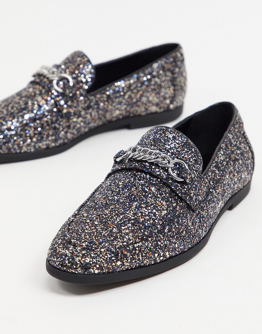 ASOS DESIGN loafers in black glitter with snaffle detail-Silver