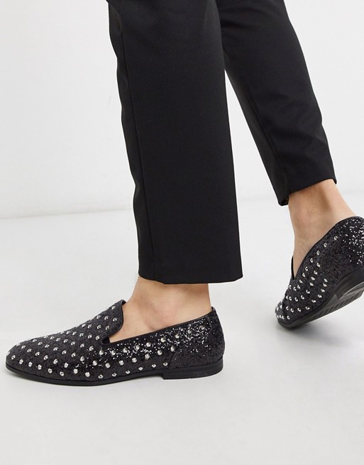 ASOS DESIGN loafers in black glitter with stud detail