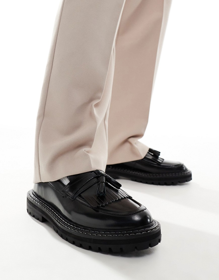 ASOS DESIGN loafers in black leather with chunky sole and contrast stitch