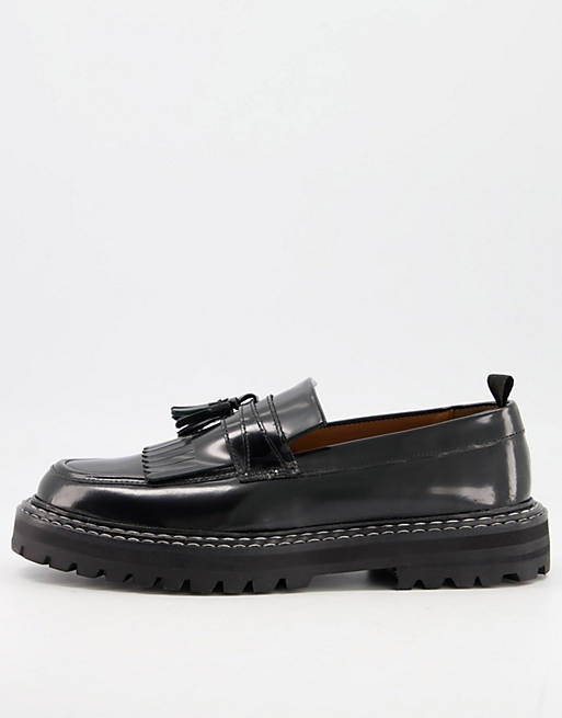 ASOS DESIGN loafers in black leather with chunky sole and contrast stitch