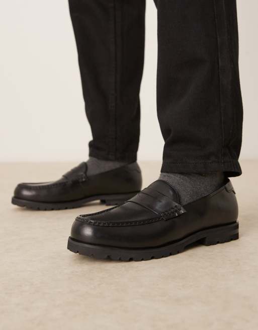 ASOS DESIGN – Leder-Loafer in Schwarz mit Profilsohle