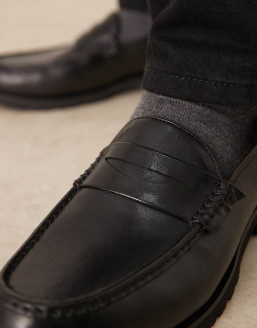 ASOS DESIGN – Leder-Loafer in Schwarz mit Profilsohle