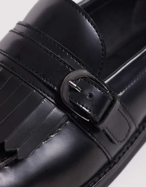 ASOS DESIGN loafers in black leather with fringe and buckle detail - view 1