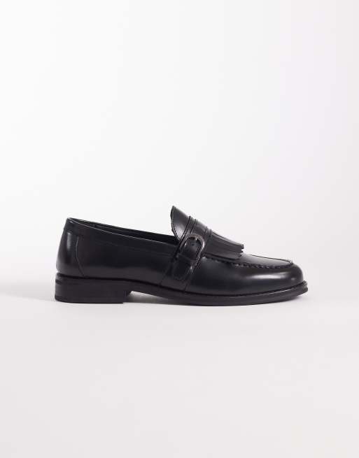 ASOS DESIGN loafers in black leather with fringe and buckle detail, 3 of 4