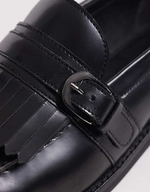 ASOS DESIGN loafers in black leather with fringe and buckle detailing, 2 of 4