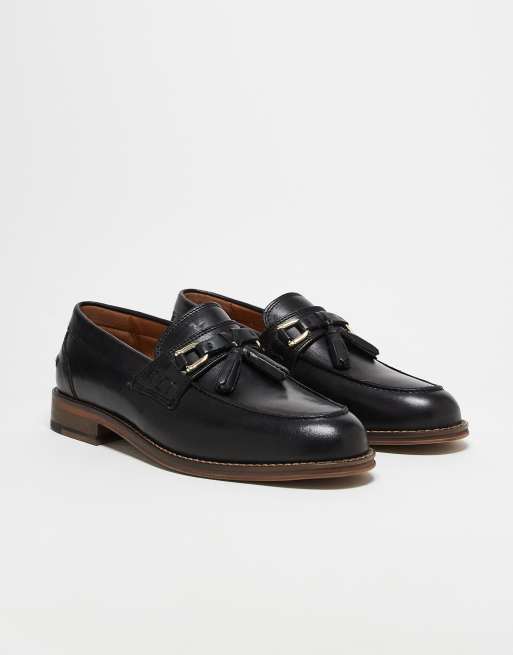 ASOS DESIGN loafers in black leather with gold hardware and tassel