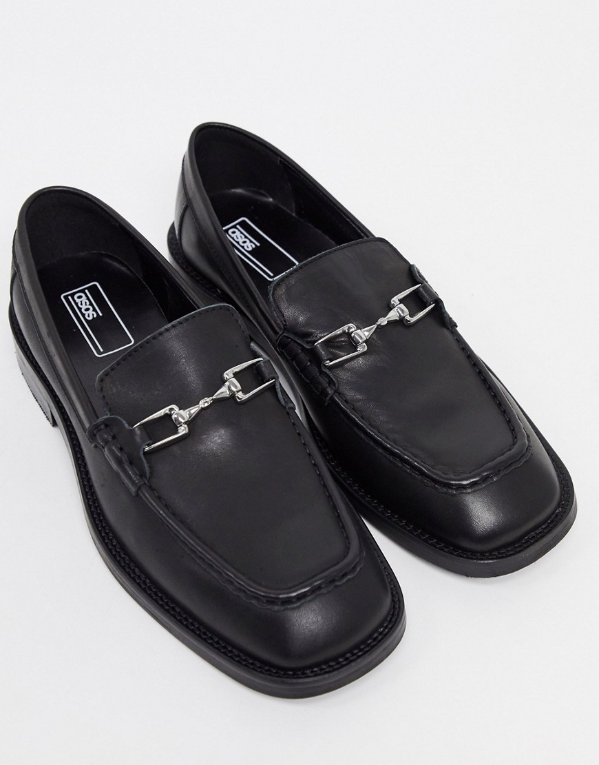 ASOS DESIGN loafers in black leather with square toe and snaffle detail