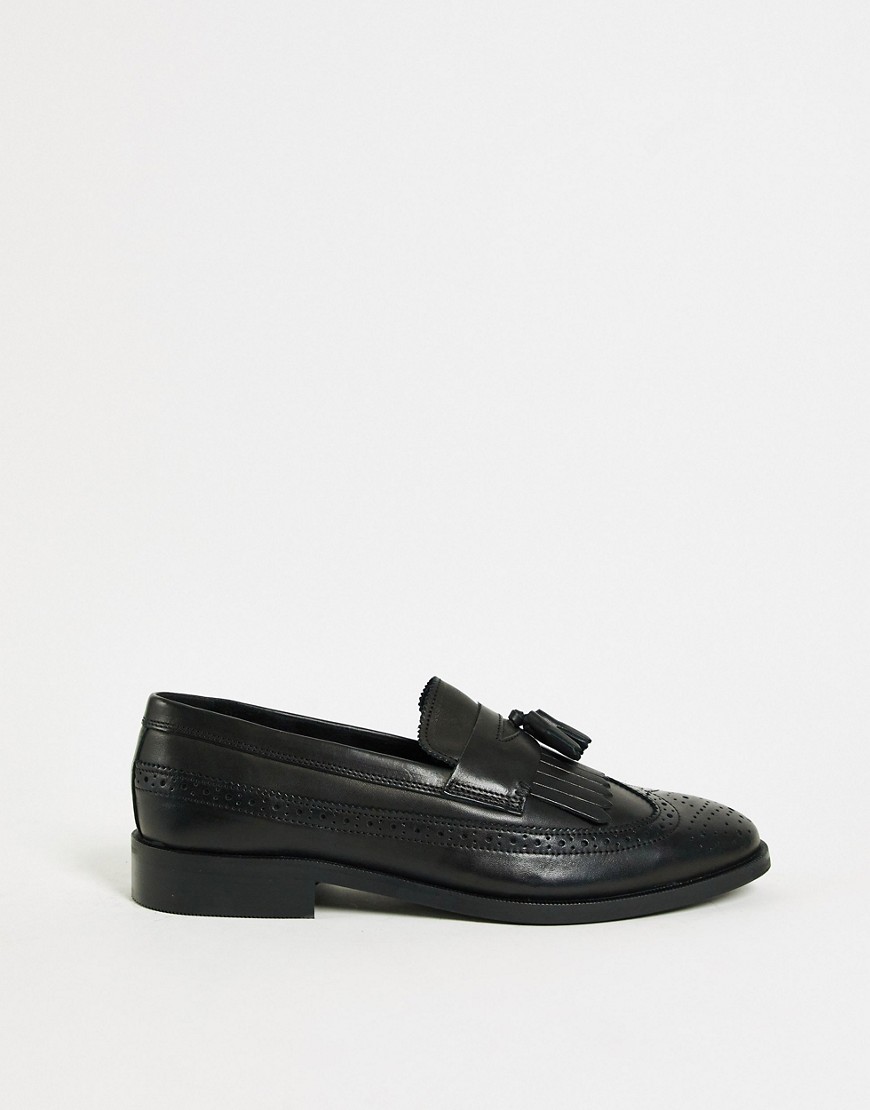 Asos Design Loafers In Black Polished Leather With Brogue Detail