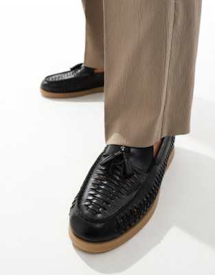 Asos Design Loafers In Black Suede With Weave Detail And Tassel In Black
