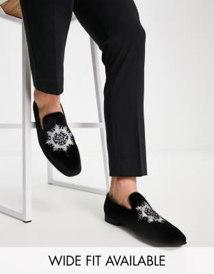 ASOS DESIGN loafers in black velvet with silver embroidery detail