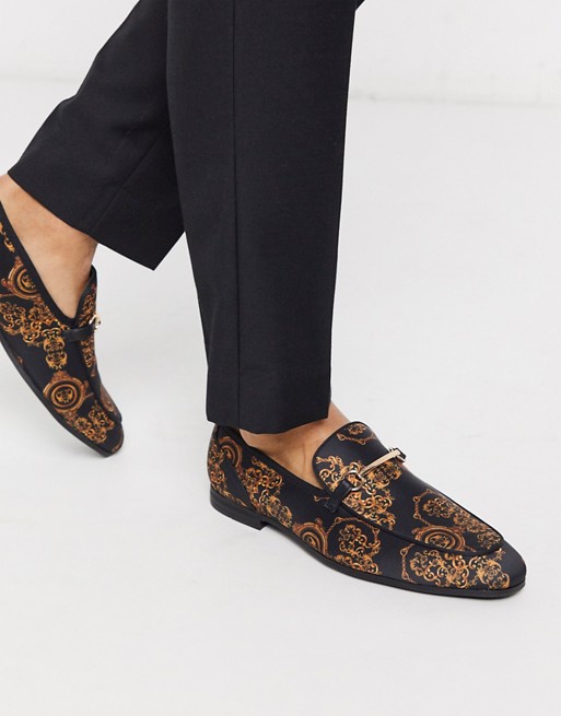 ASOS DESIGN loafers in black with baroque print