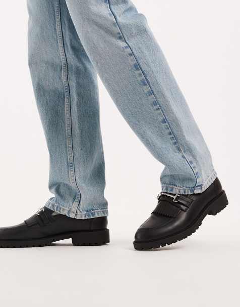 ASOS DESIGN loafers in black with fringe detail on cleated sole - view 1