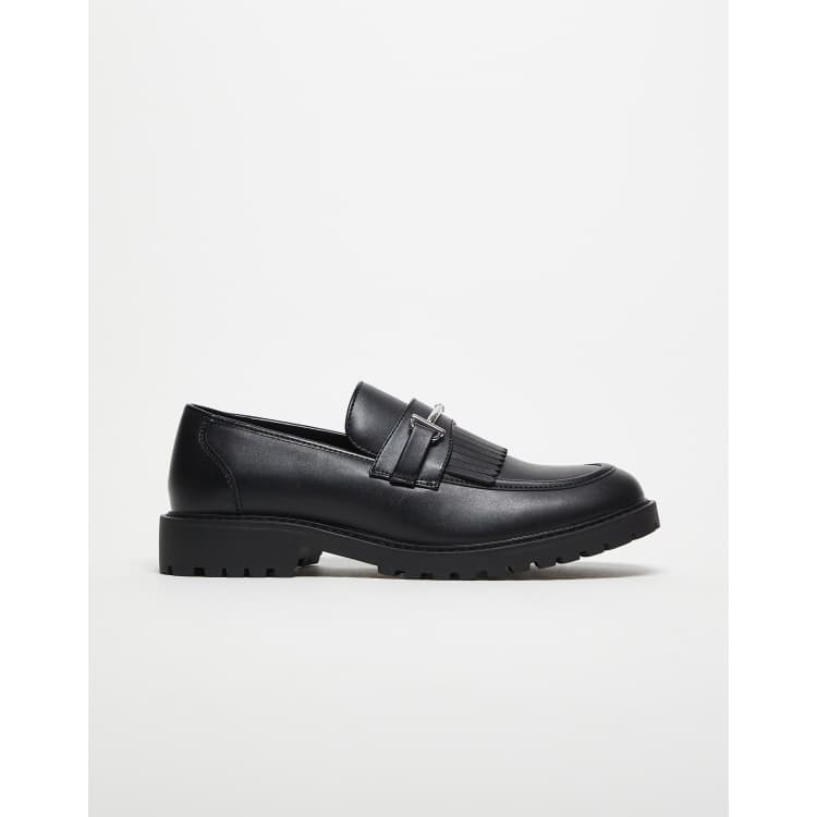 ASOS DESIGN loafers in black with fringe detail on cleated 