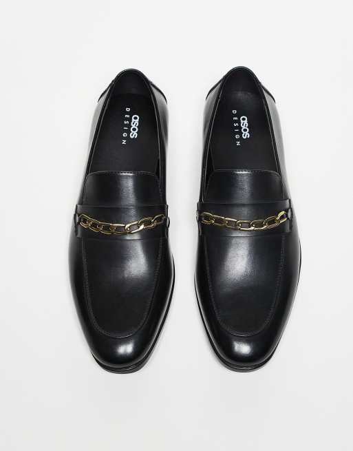 ASOS DESIGN loafers in black with gold chain