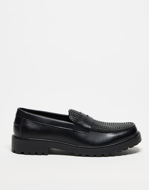 ASOS DESIGN loafers in black with weave apron