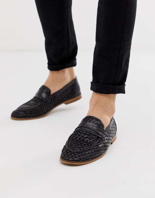 Black leather weave store loafers