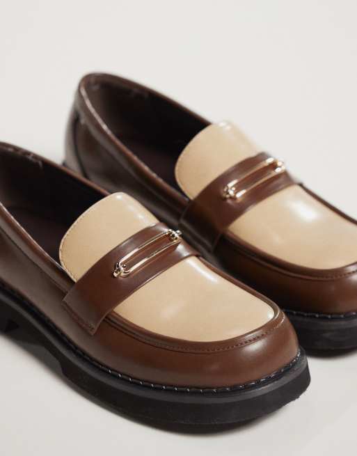ASOS DESIGN loafers in brown and beige with gold hardware