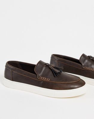 Asos Design Loafers In Brown Faux Leather On White Sole