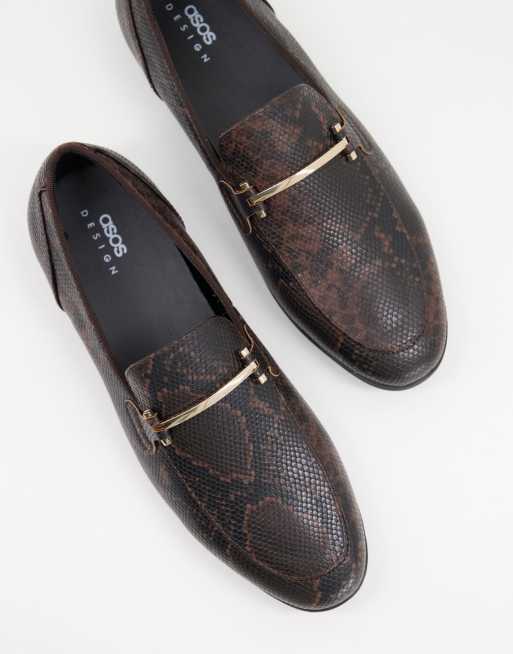 ASOS DESIGN loafers in brown faux leather with snake effect and snaffle detail, 3 of 4