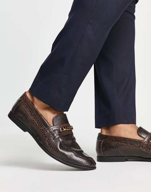 ASOS DESIGN loafers in brown faux leather with snake effect | ASOS