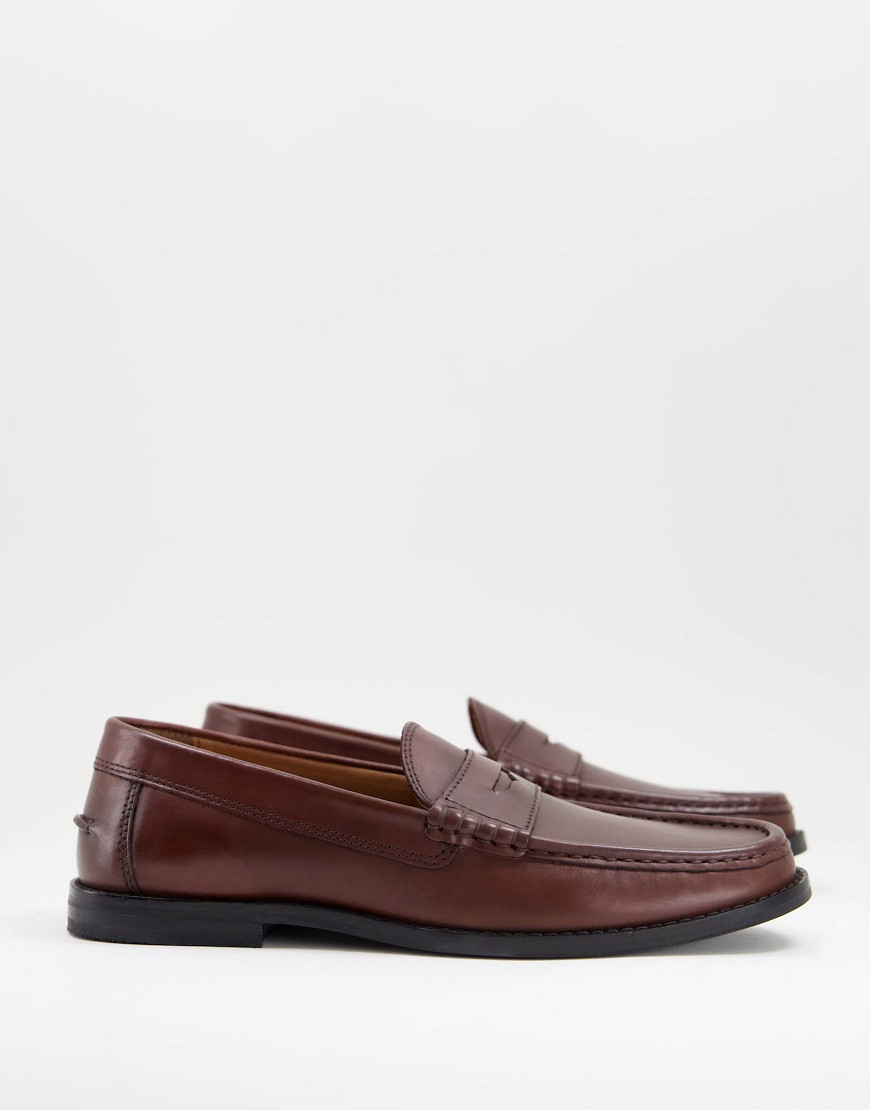 Asos Design Loafers In Brown Leather With Black Sole