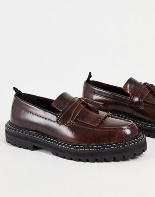 ASOS DESIGN loafers in brown leather with chunky sole and contrast stitch