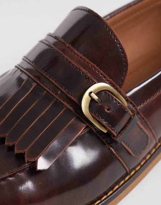 ASOS DESIGN loafers in brown leather with fringe and buckle detailing, 3 of 4