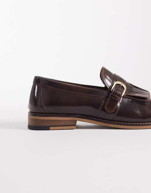 ASOS DESIGN loafers in brown leather with fringe and buckle detailing, 4 of 4
