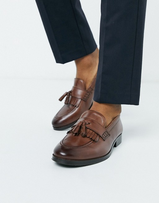 ASOS DESIGN loafers in brown leather with tassel and fringe detail