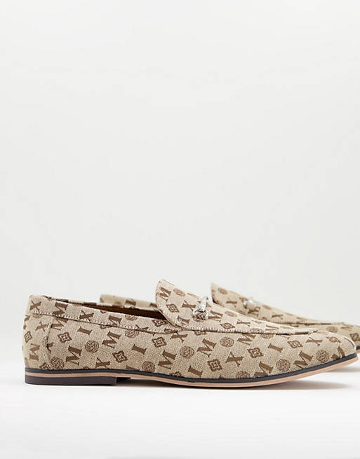 ASOS DESIGN loafers in brown monogram print with snaffle