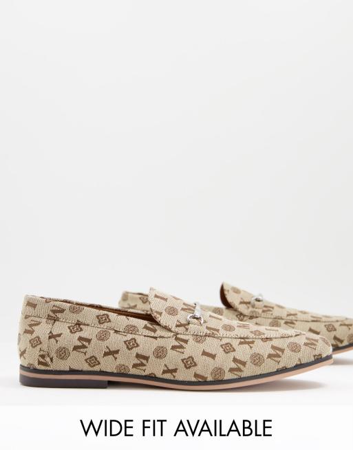 ASOS DESIGN loafers in brown monogram print with snaffles