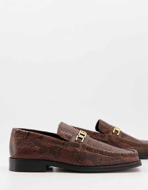 ASOS DESIGN loafers in brown snake leather with square toe and snaffle