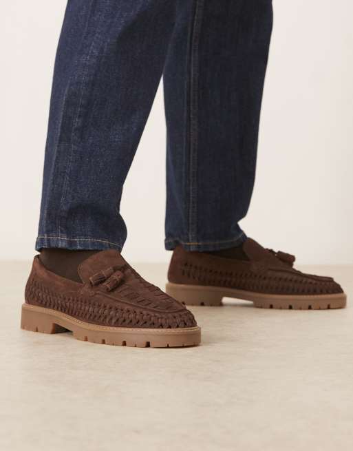 ASOS DESIGN loafers in brown suede with woven details and tassels, 2 of 4