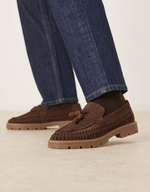 ASOS DESIGN loafers in brown suede with woven details and tassels, 4 of 4