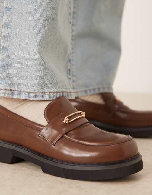 ASOS DESIGN loafers in brown with gold snaffle