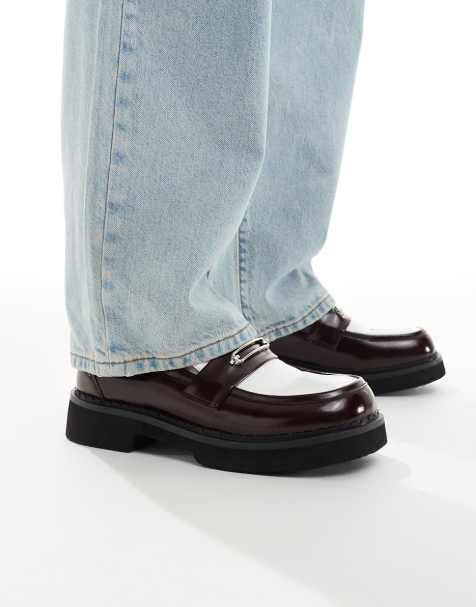 ASOS DESIGN loafers in burgundy and white with silver hardware - view 1