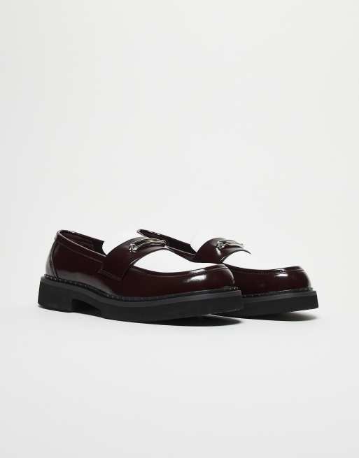 ASOS DESIGN loafers in burgundy and white with silver hardware