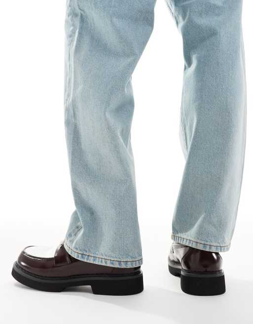 ASOS DESIGN loafers in burgundy and white with silver hardware