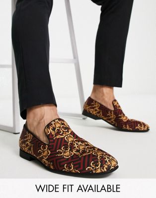 ASOS DESIGN loafers in burgundy baroque print satin - ASOS Price Checker