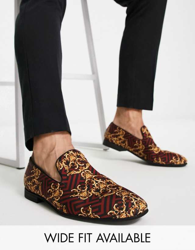 ASOS DESIGN loafers in burgundy baroque print satin