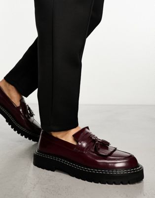 ASOS DESIGN loafers in burgundy leather with chunky sole and contrast stitch