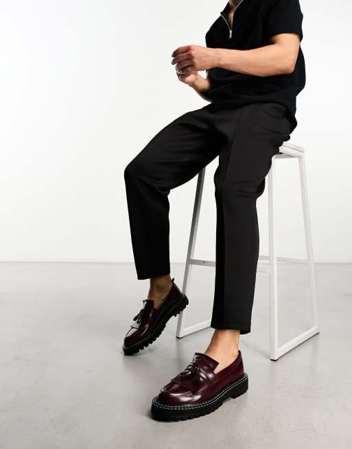 ASOS DESIGN loafers in burgundy leather with chunky sole and contrast stitch