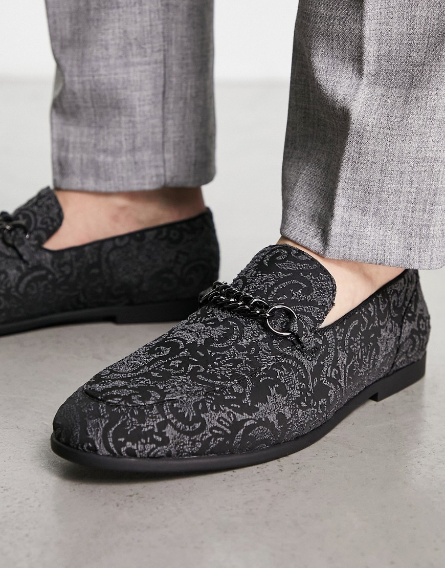 Asos Design Velvet Loafers In Gray With Chain Snaffle With Contrast Sole