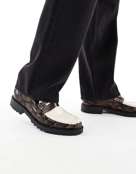 ASOS DESIGN loafers in faux brown snake with contrast apron and cleated sole - view 1