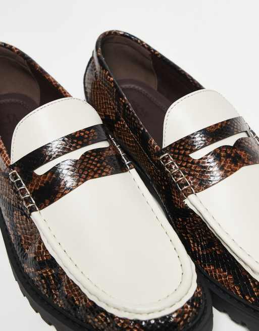ASOS DESIGN loafers in faux brown snake with contrast apron and cleated sole