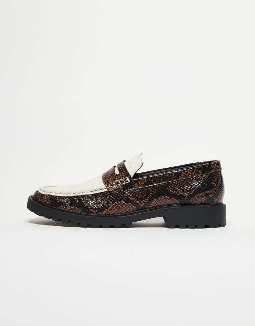 ASOS DESIGN loafers in faux brown snake with contrast apron and cleated sole