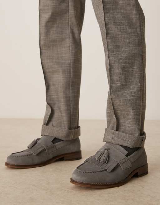 ASOS DESIGN loafers in gray suede with fringe and tassel detail